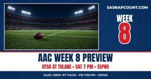 AAC Week 8 Preview graphic: UTSA at Tulane, Saturday 7 p.m. on ESPNU, plus Army at Tulsa Friday 7:30 p.m. on ESPN2, over a stadium at night