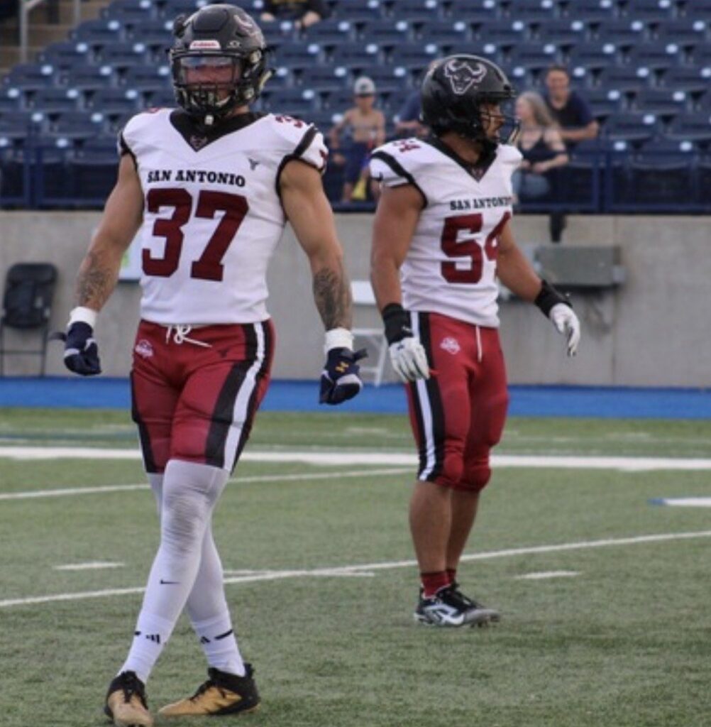 San Antonio Toros linebacker Wesley Steiner (54, right) on the field